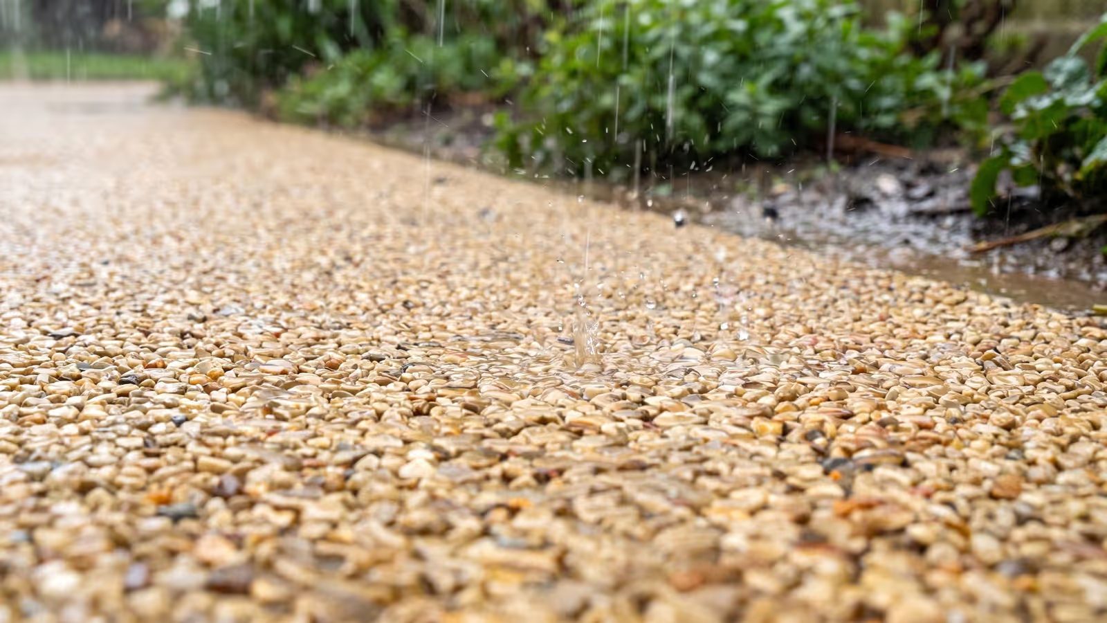 Chuva caindo sobre piso drenante de pedrisco natural com resina Hazzin: a água atravessa a camada permeável sem formar poças