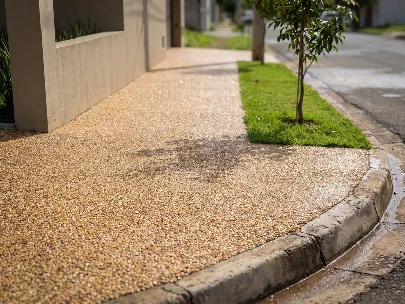 Calçada residencial com piso drenante e resina Hazzin