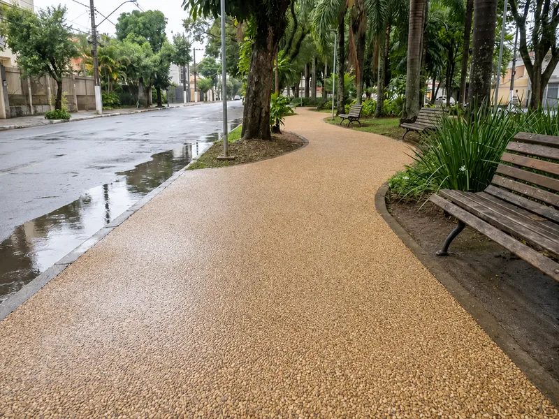Pátio amplo com piso drenante sem poças após chuva torrencial